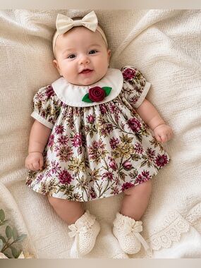 🌹 Vintage 0–3M Floral Peter Pan Collar Dress | Heirloom Baby Boutique Style